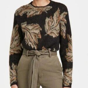 Vince Leaf Jacquard Pullover Crewneck Sweater in Brown Size Medium